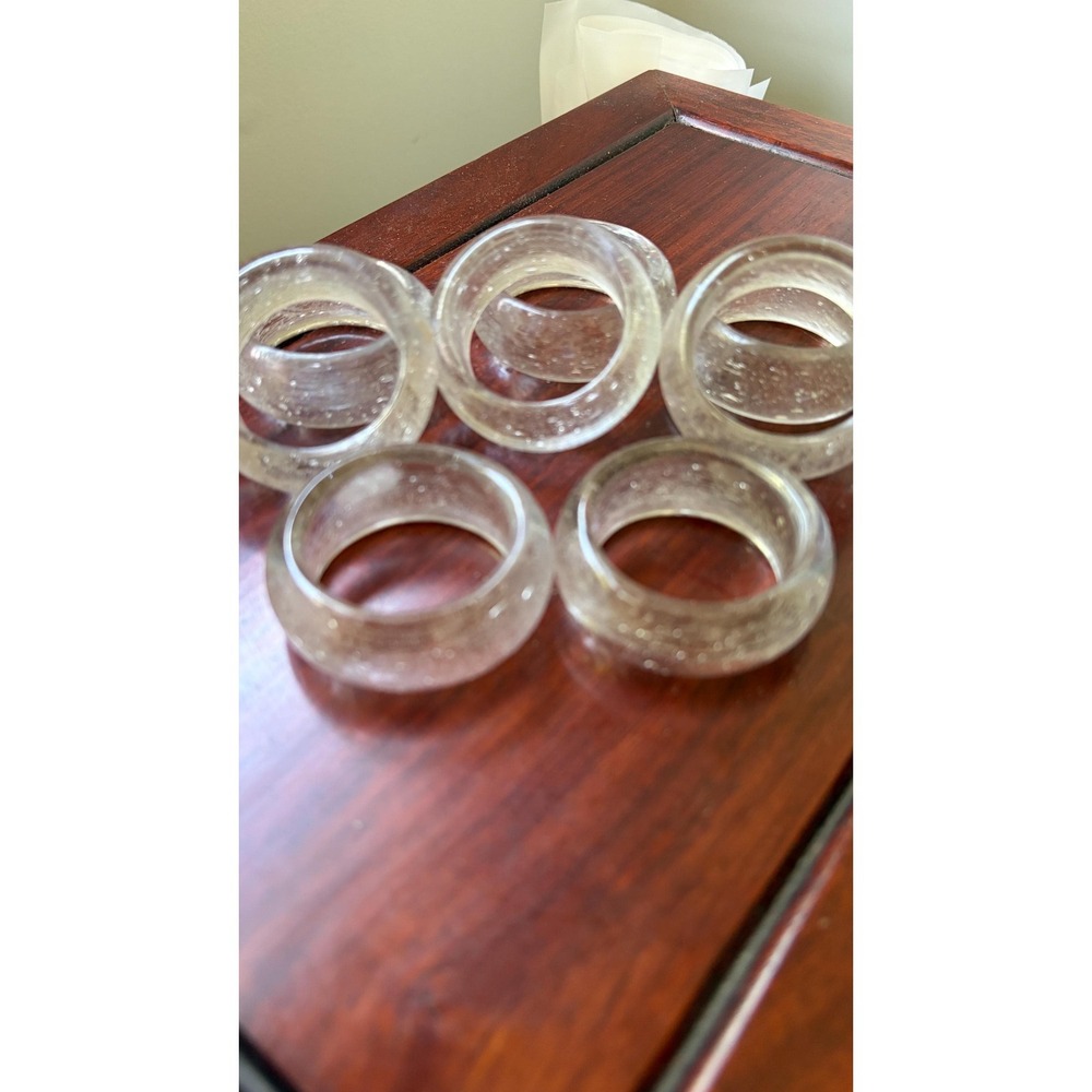 Vintage Art Glass Napkin Rings Set of 8 Pearl Silver Shimmer Clear Bubble Glass